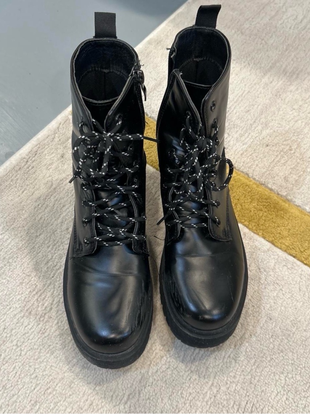 Charles Albert Black Glossy Lace-Up Combat Boots